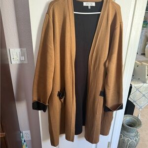 Kasper Tan Open-Front Women's Cardigan with Black Trim
